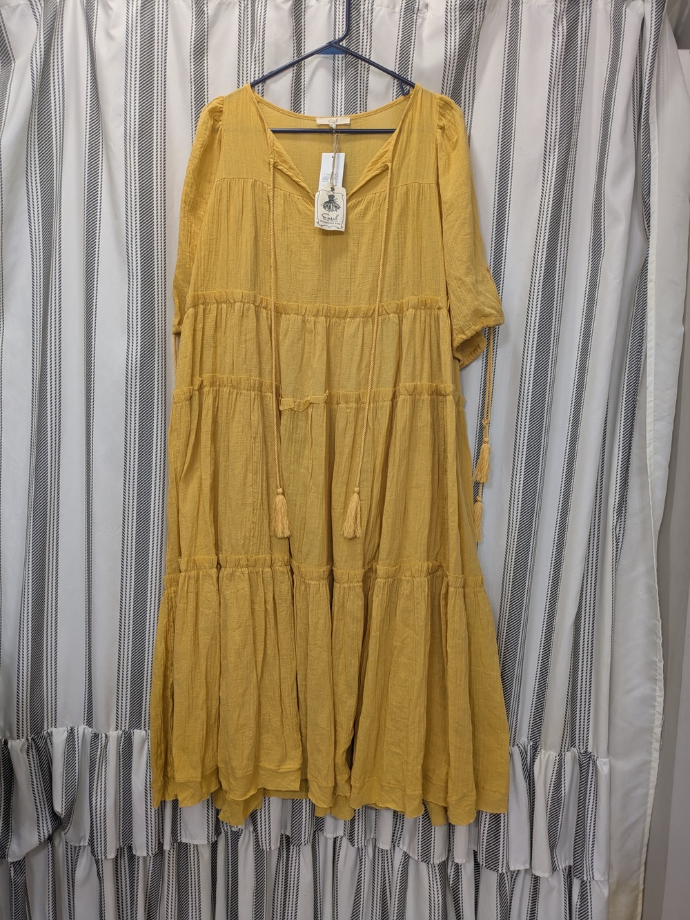 Easel Mustard Tiered Maxi Dress with Tassel Ties